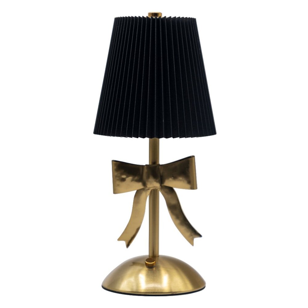 Black Pleated Touch Lamp with Brass Bow Detail – Portable and Rechargeable LED